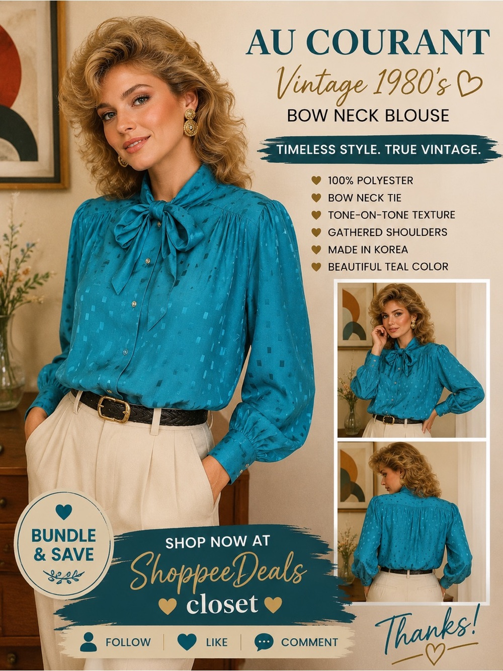 Vintage Au Courant Teal Bow Neck Blouse – Women’s Size 14 – Made in Korea